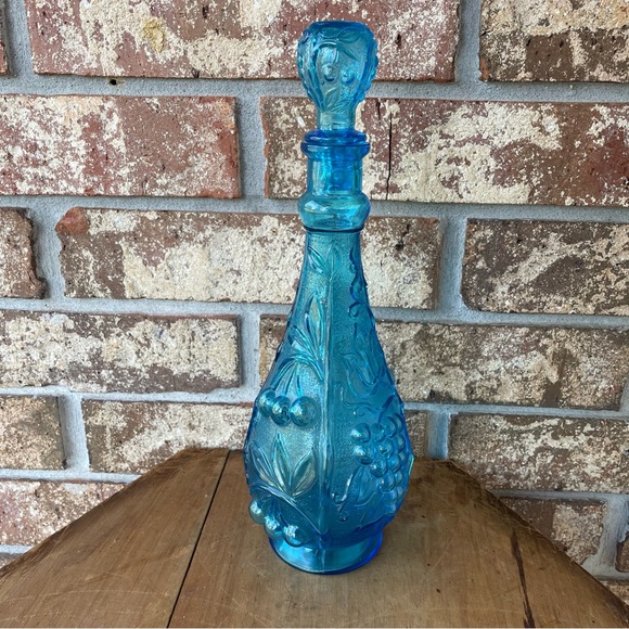 Vintage Bottle Blue Glass Empoli Unmarked 13” Tall Excellent Condition!